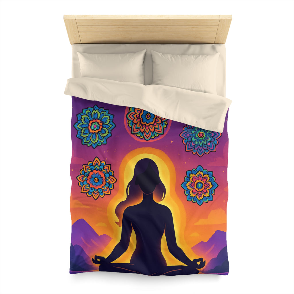 Paisible méditation silhouettée avec mandalas colorés et paysage crépusculaire serein et enchanteur