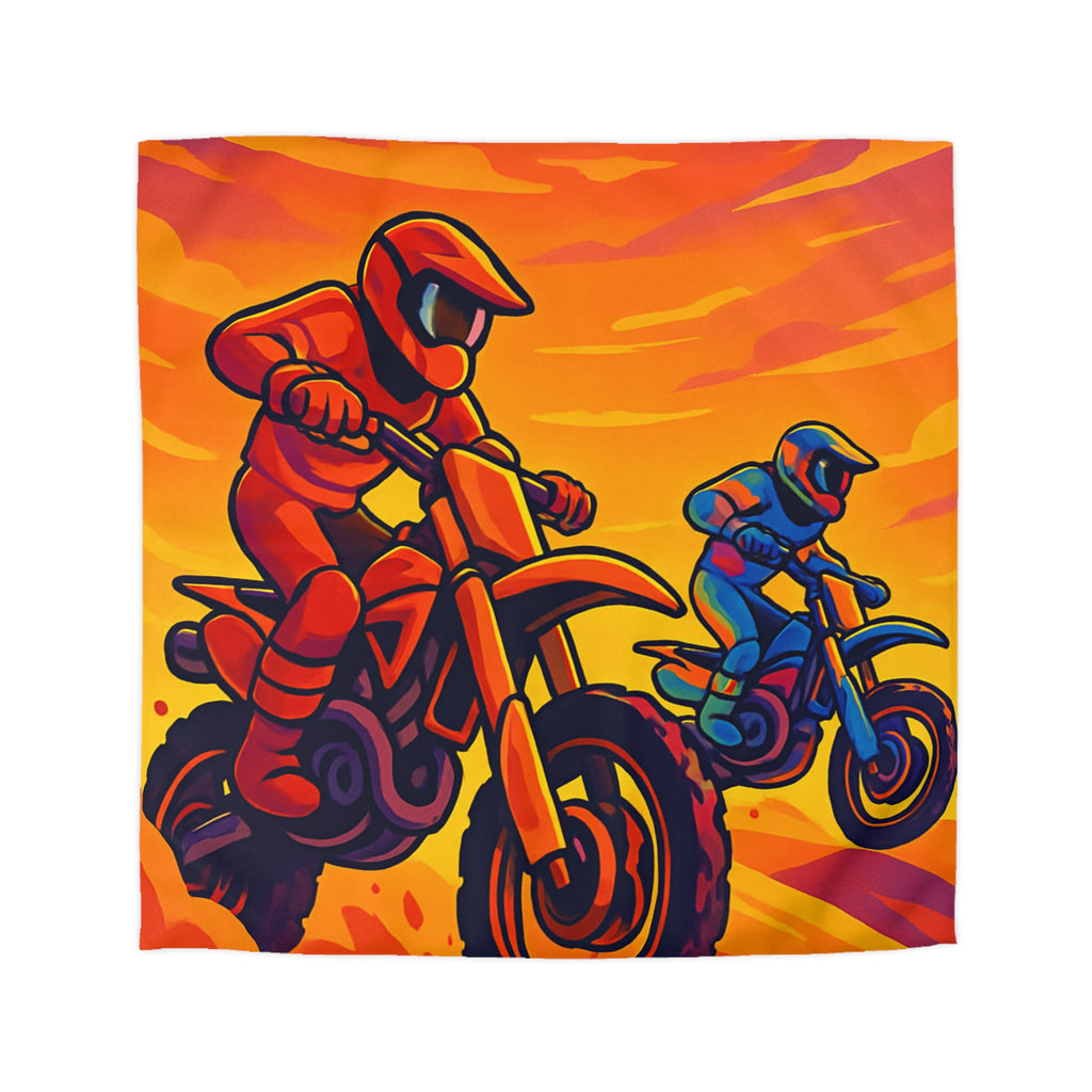 Housse de couette moto aventure: dynamique, couleurs vives, coucher de soleil dramatique