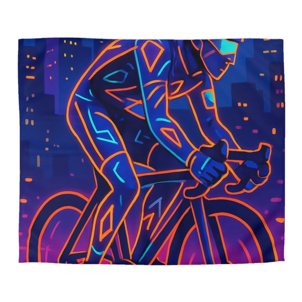Housse de couette cycliste néon sur fond de ville sous ciel nocturne vibrant