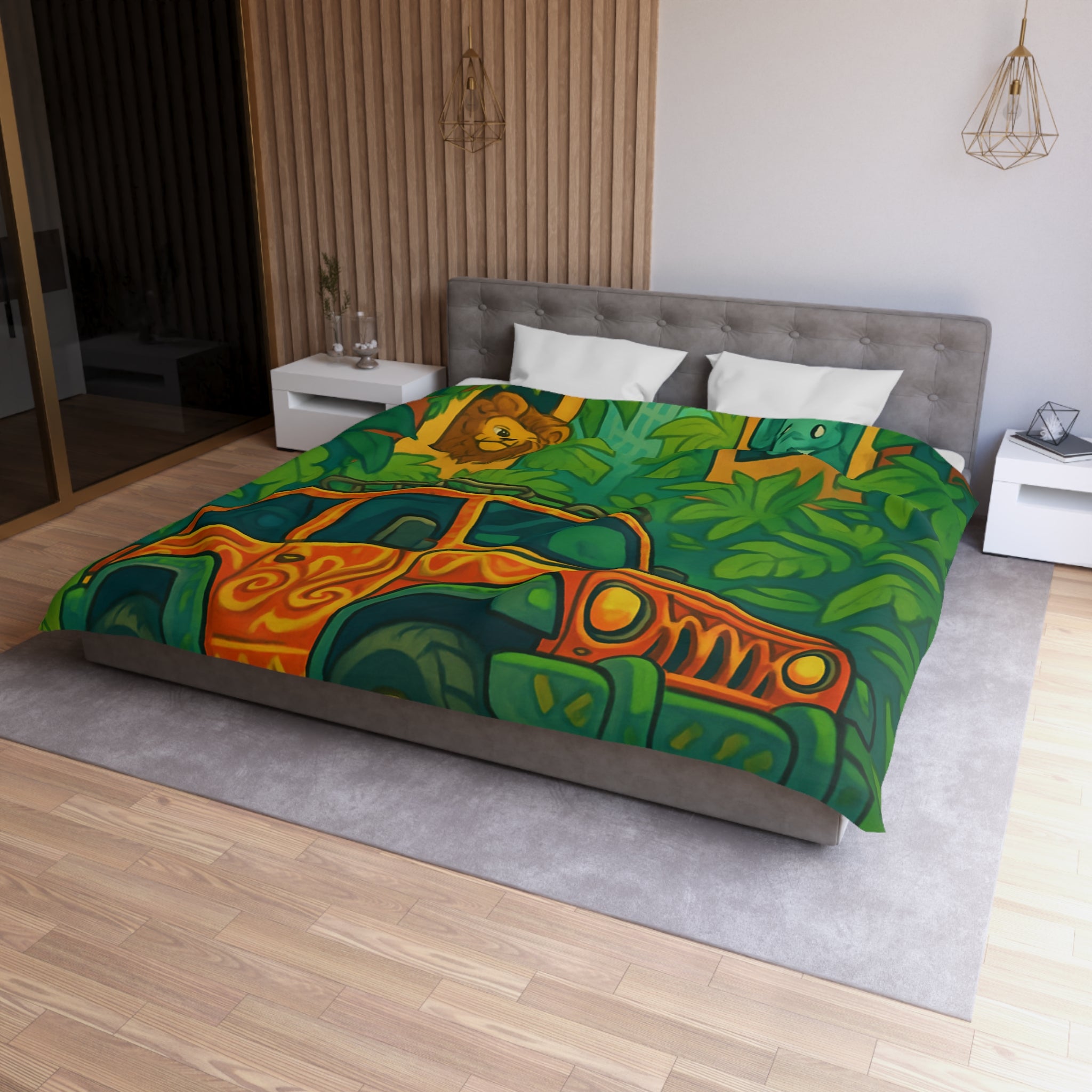 Housse de couette vibrante jungle aventure avec animaux et véhicule tout-terrain colorés