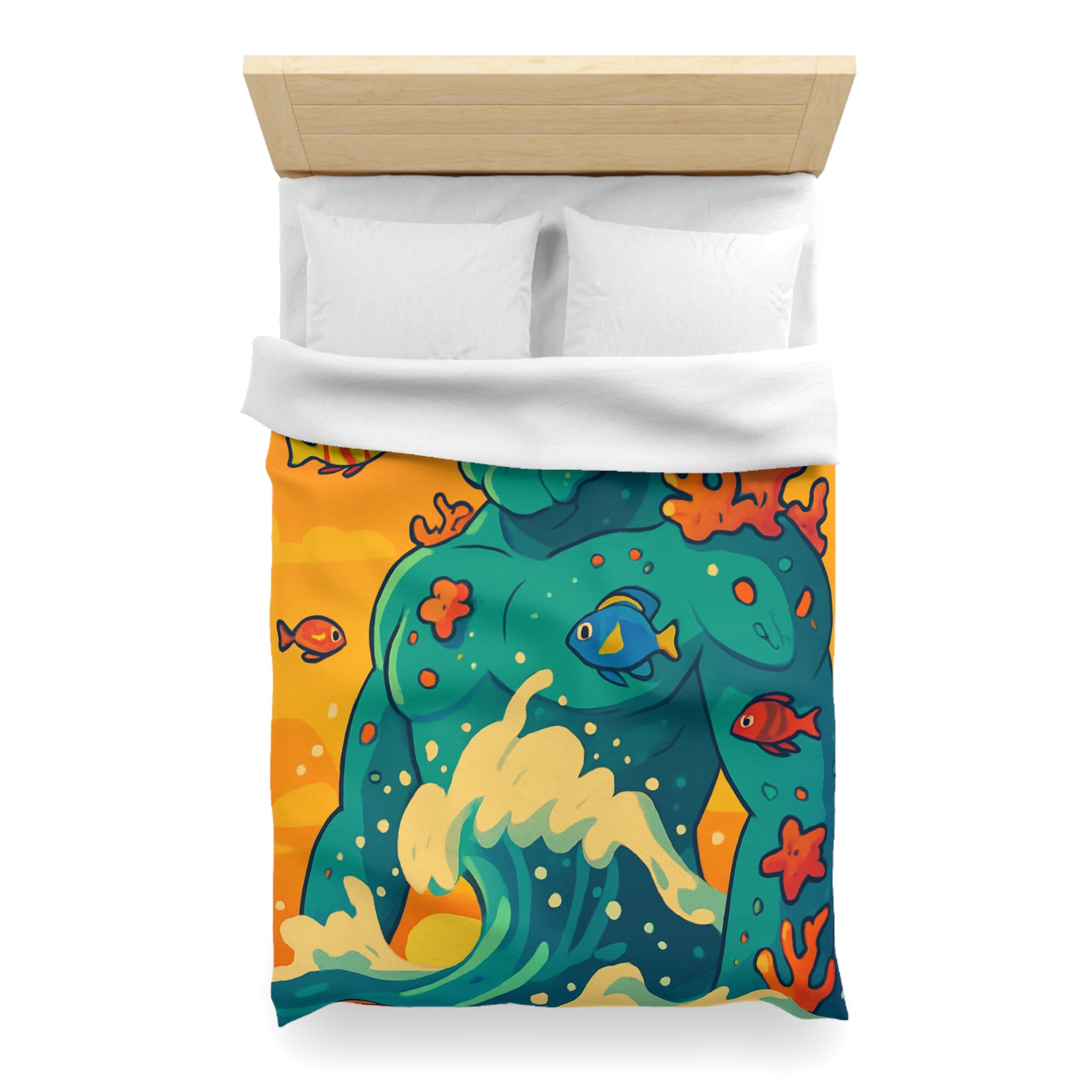 Housse de Couette Océanique avec Illustration Vibrante de Neptune et Poissons Multicolores