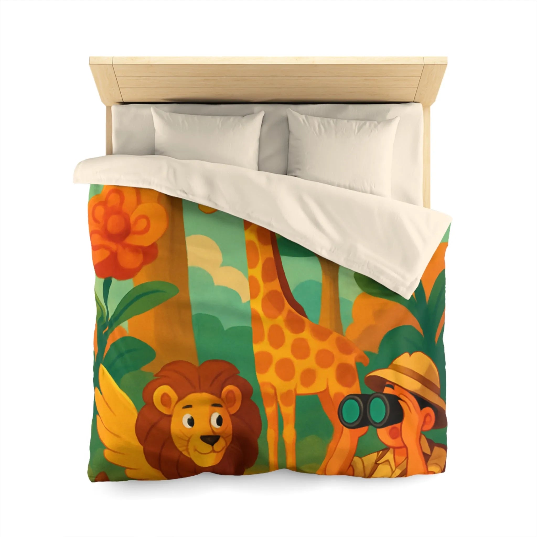 Housse de couette enfant safari : lion, girafe, explorateur, jungle colorée et joyeuse