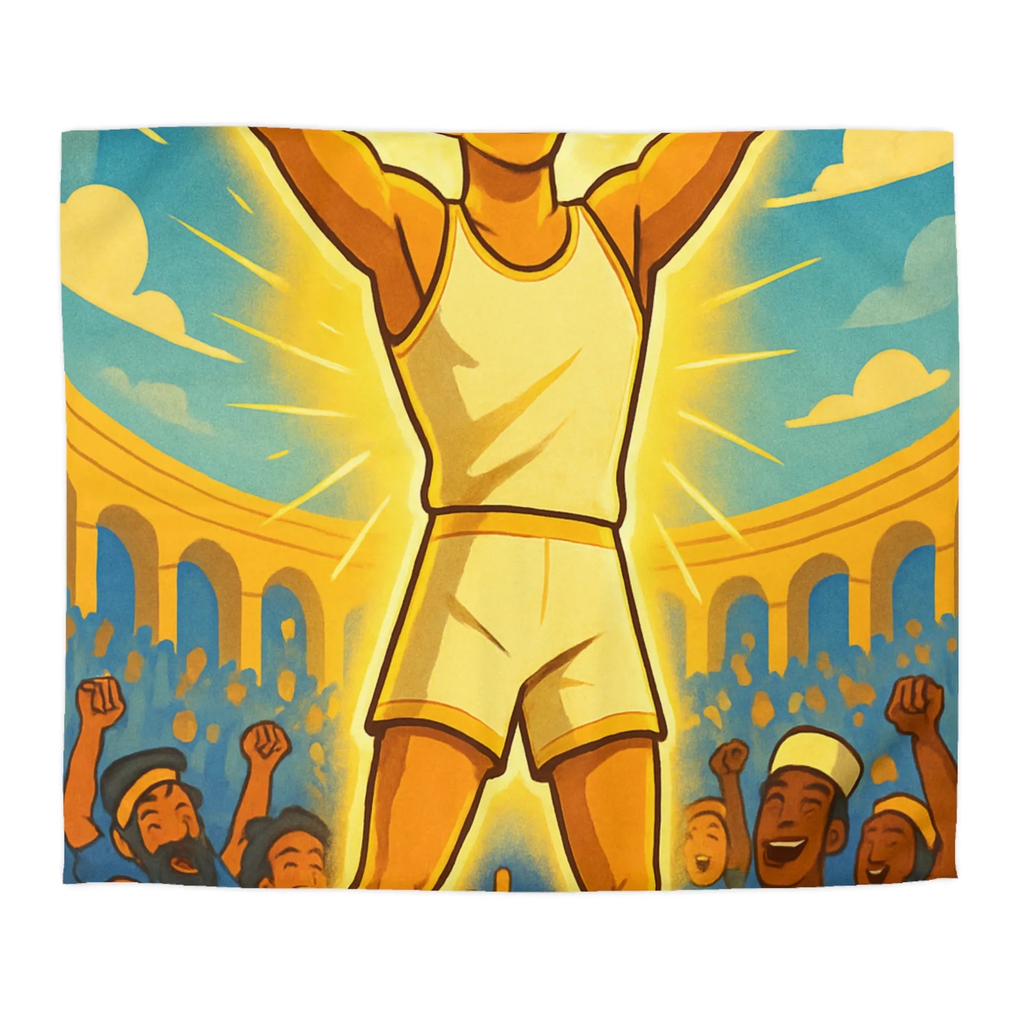 Housse de couette lumineuse avec athlète triomphant dans une arène ensoleillée vibrante