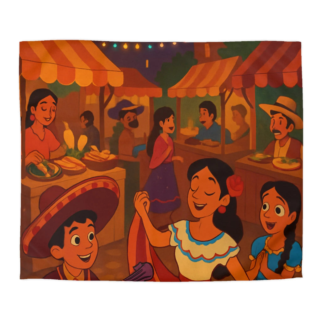 Housse de Couette Illustrée avec Scène Festive Colorée du Marché Nocturne Traditionnel