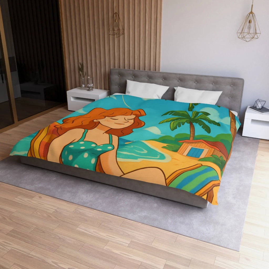 Housse de couette illustrée plage relaxante avec fille et cerf-volant coloré