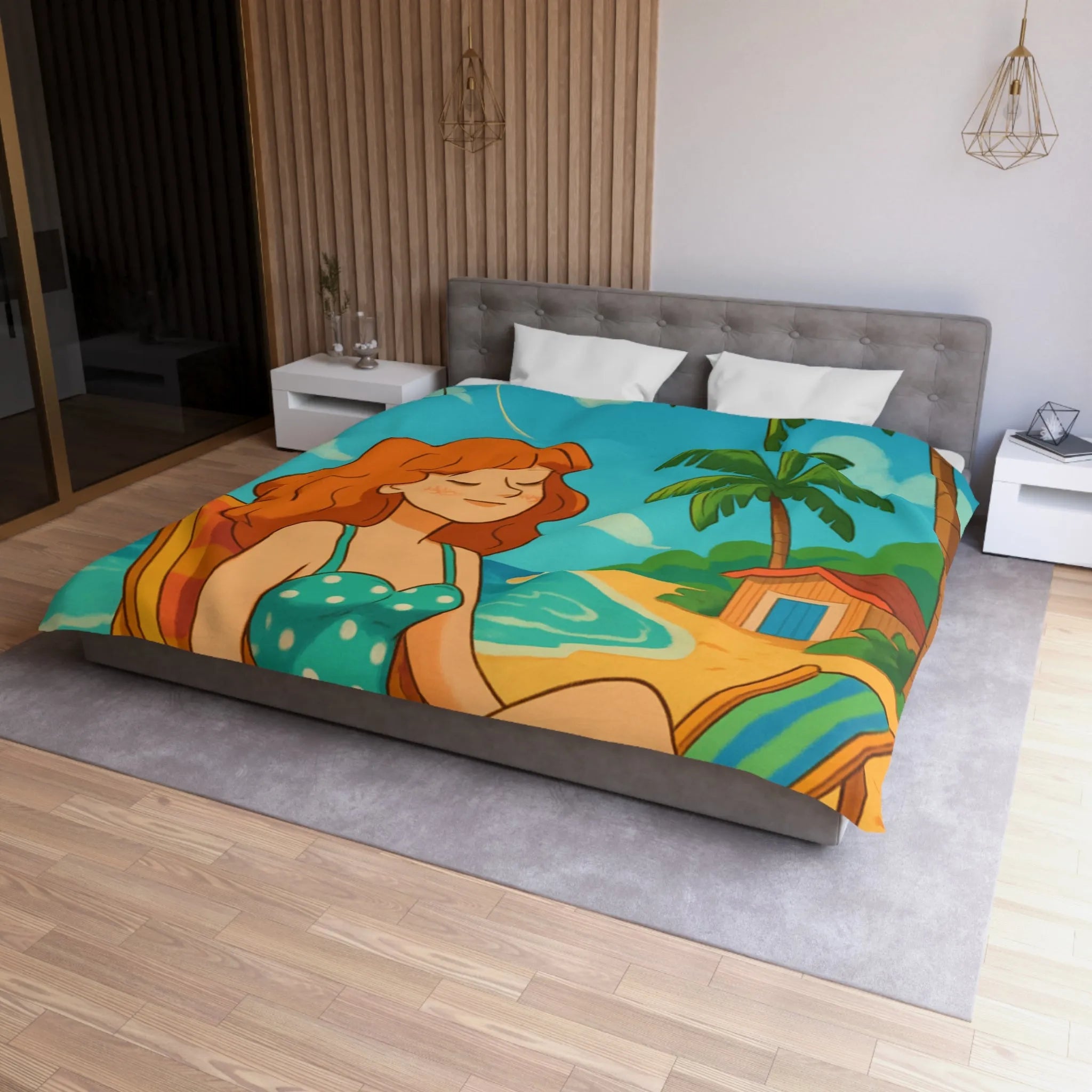 Housse de couette illustrée plage relaxante avec fille et cerf-volant coloré