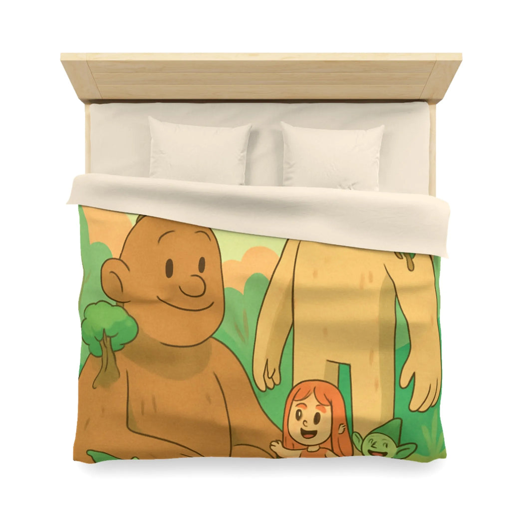 Housse de couette fantastique avec géants arborés et lutins dans une forêt enchantée