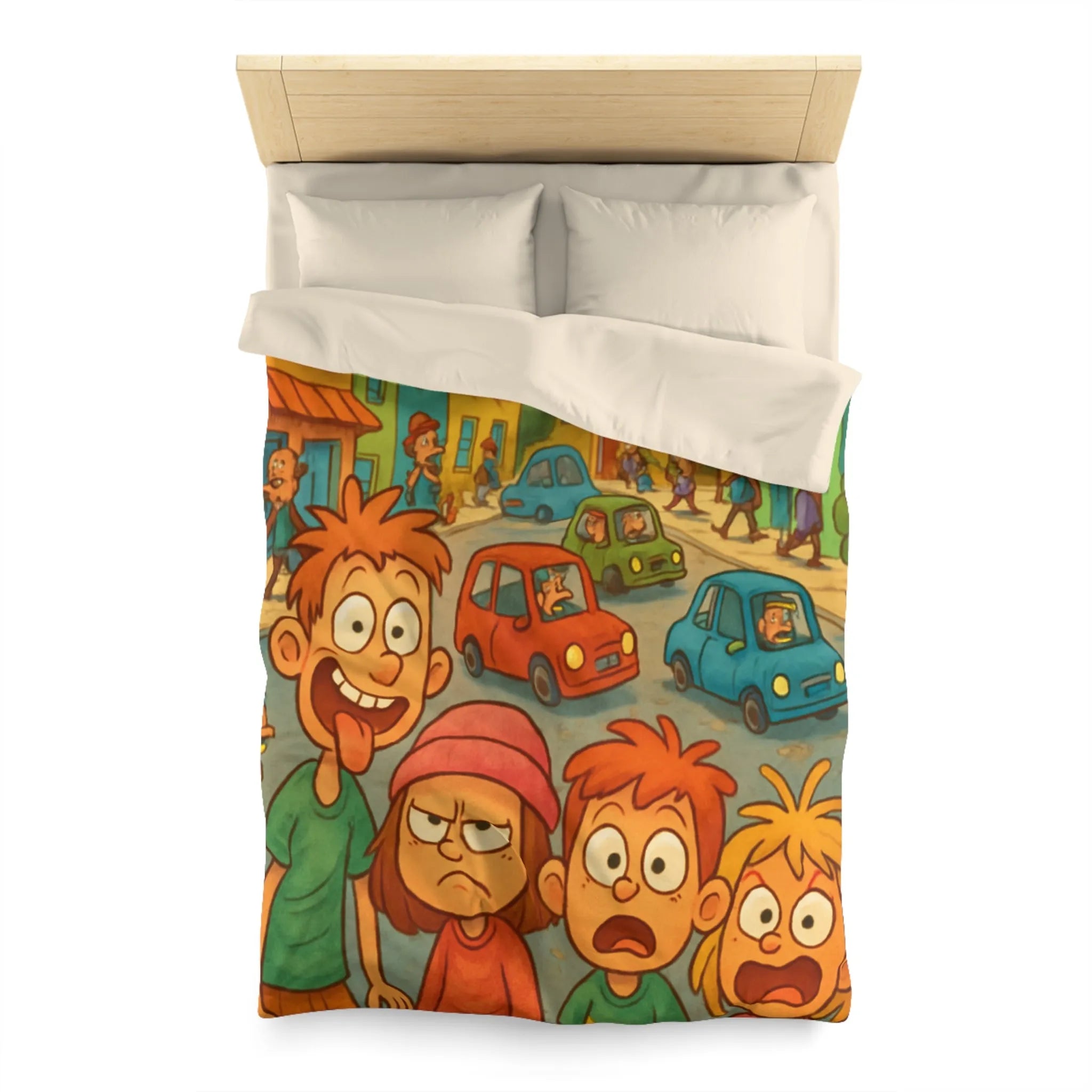 Housse de couette enfants joyeuse ville animée avec personnages colorés et expressions vives