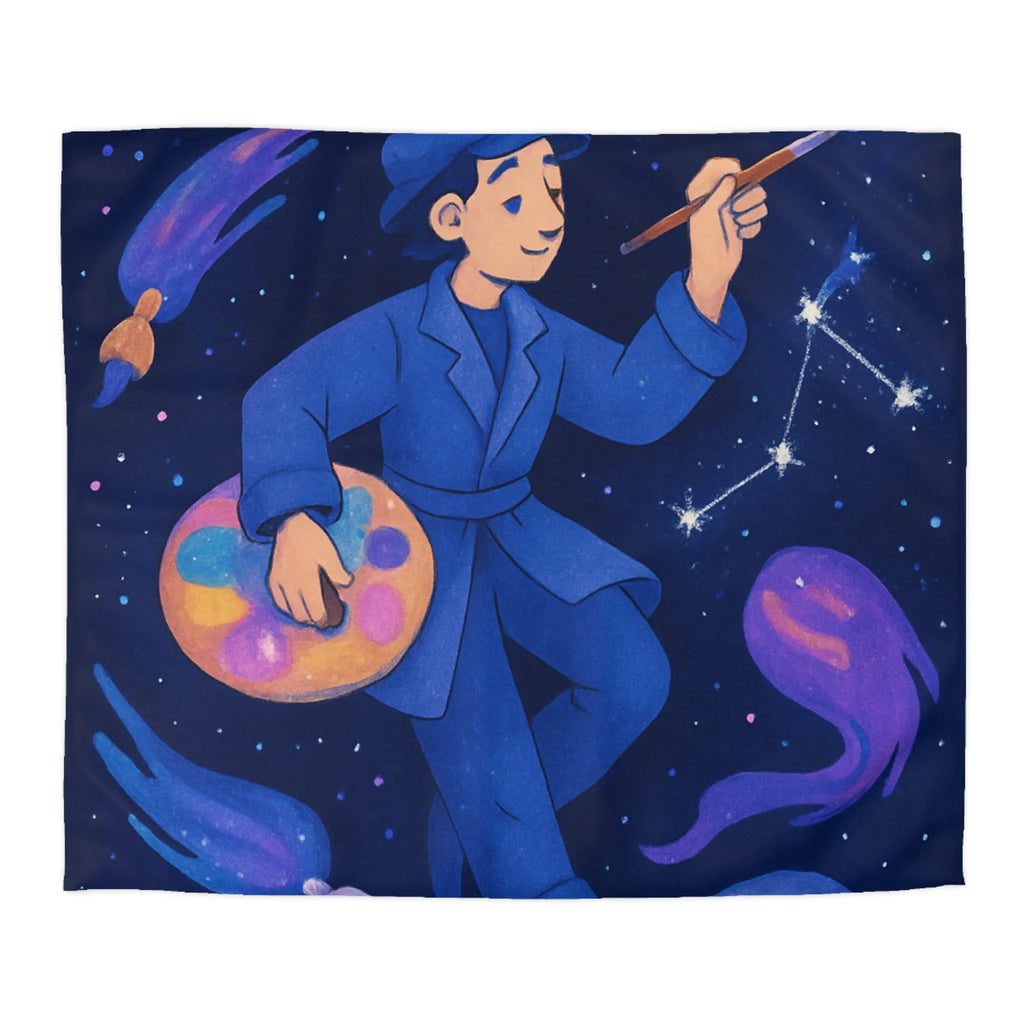 Housse de couette cosmique artiste peignant étoiles galaxies planètes bleues et violettes