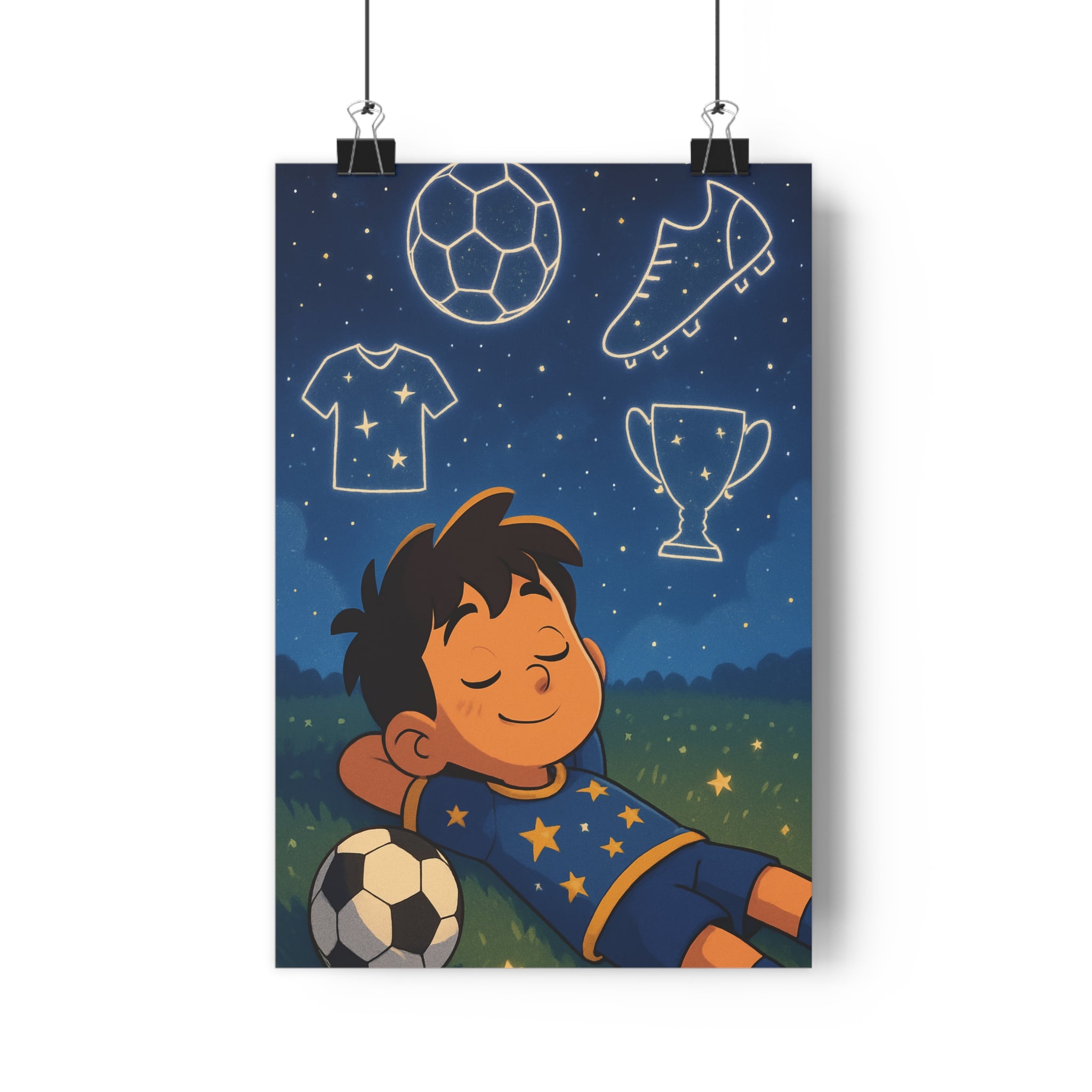 Poster décoratif artistique cartoon rêveur bleu nuit enfant chambre mystique football ballon étoilé ambiance