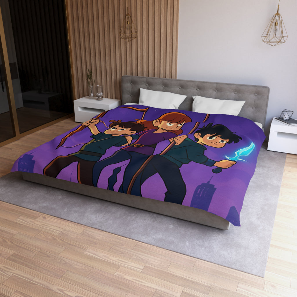 Housse de couette urbaine illustrée, ambiance aventure mystique avec enfants et armes