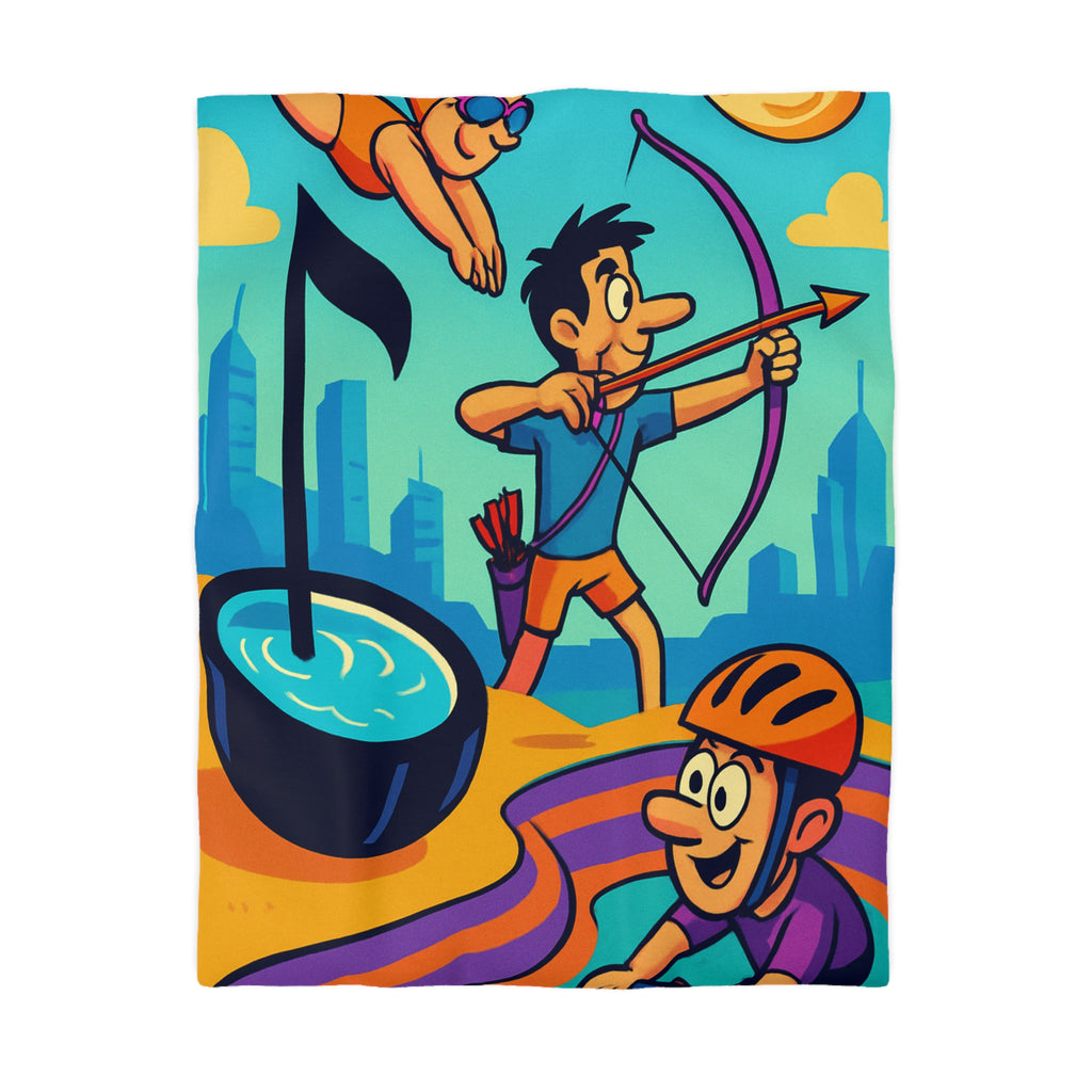 Motifs de sport colorés avec cyclisme, natation, tir à l'arc, paysage urbain