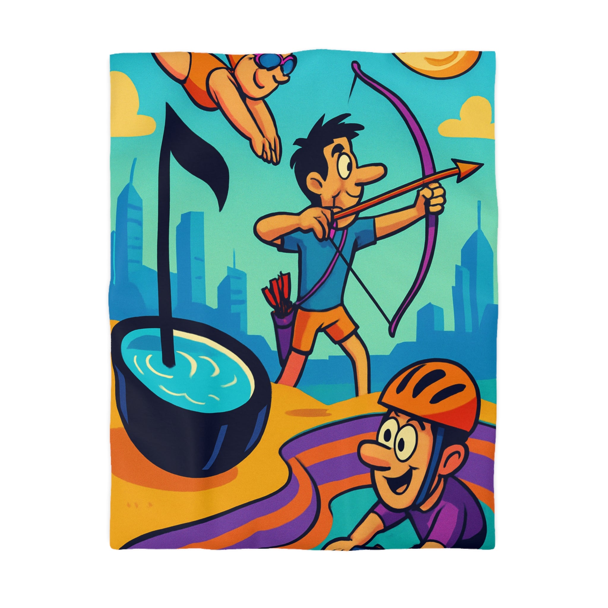 Motifs de sport colorés avec cyclisme, natation, tir à l'arc, paysage urbain