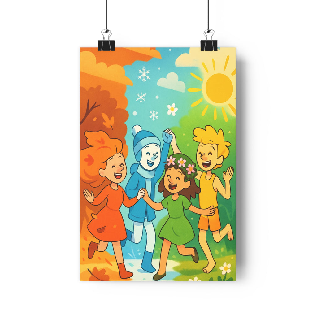 Poster décoratif cartoon magique enfants saison joyeux couleurs orange bleu vert jaune chambre qualité