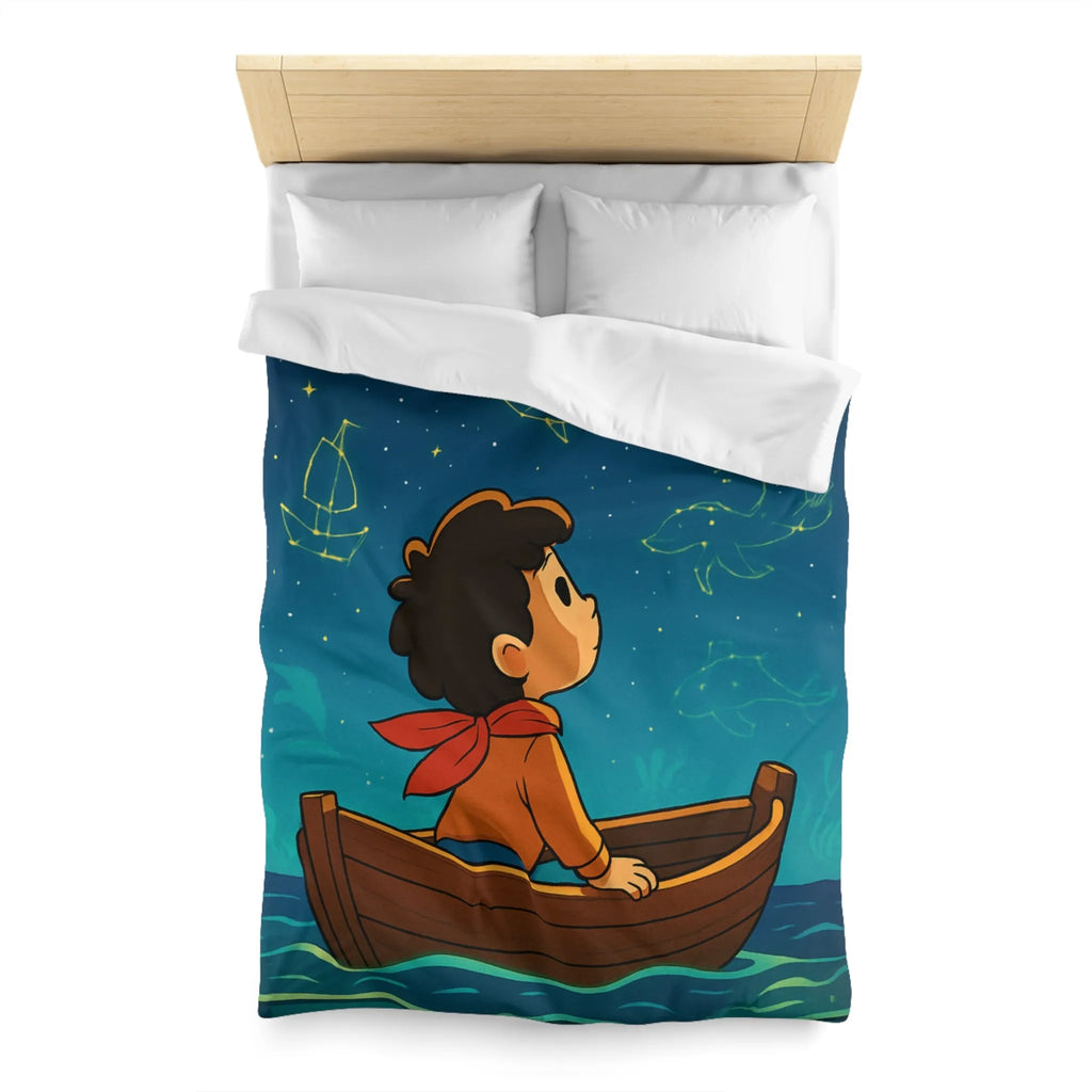 Enfant rêveur explorant les constellations marines lumineuses depuis un petit bateau paisible