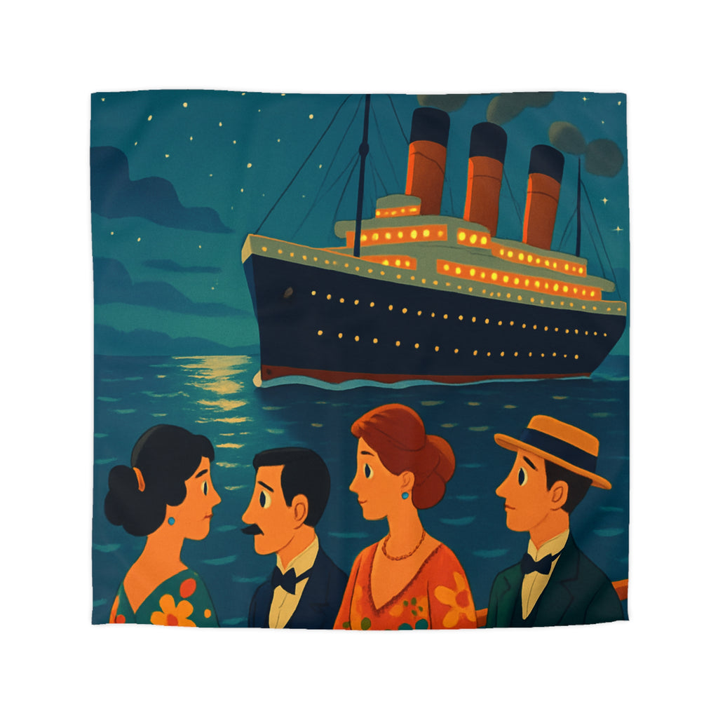 Housse de couette vintage croisière sous la lune, couples élégants et bateau luxueux