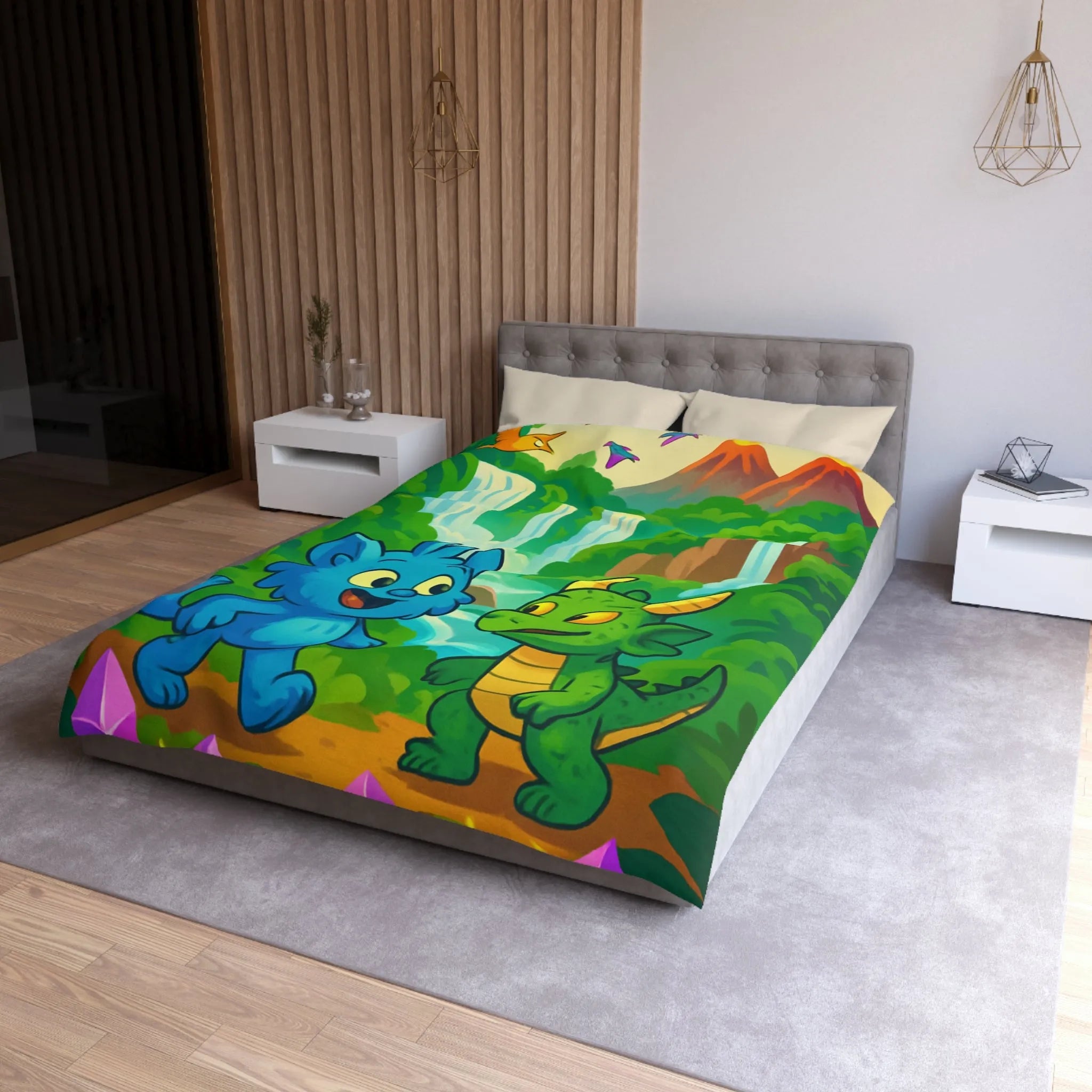 Housse de Couette Fantaisie Enfants Avec Animaux et Paysage Magique Coloré Vert et Bleu