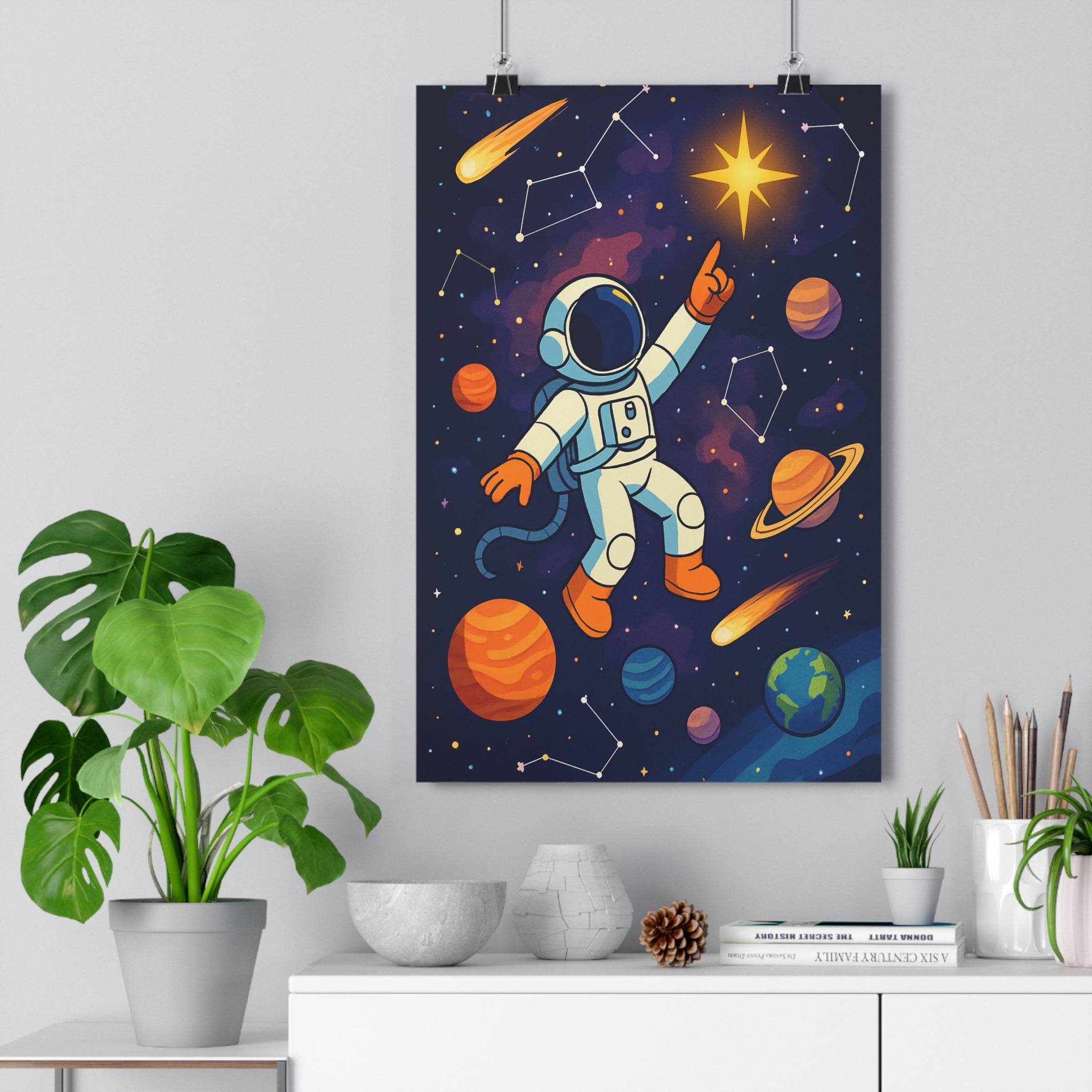 Poster décoratif cartoon néon aventure astronaute espace planètes étoiles chambre enfant créatif 30x46 cm