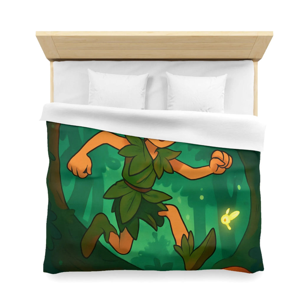 Housse de couette féérique avec elfes sautant parmi champignons lumineux en forêt