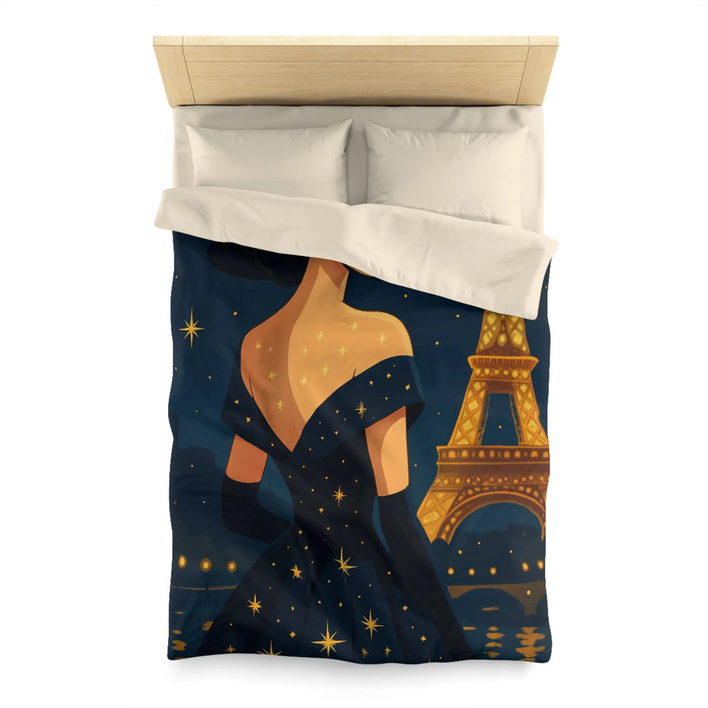 Élégante illustration nocturne femme en robe étoilée avec Tour Eiffel lumineuse