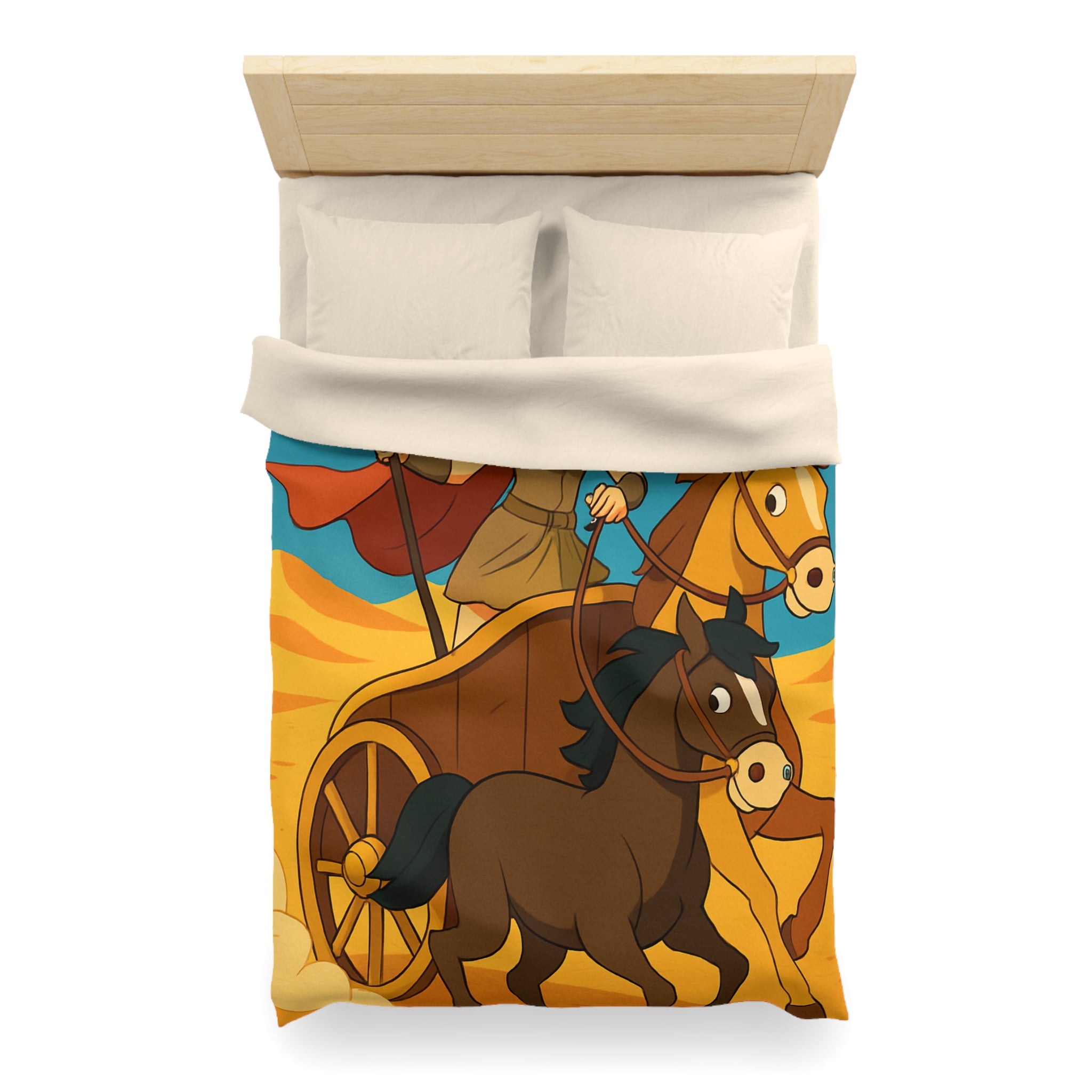 Housse de couette représentant guerrière en char avec chevaux marron dans désert animé