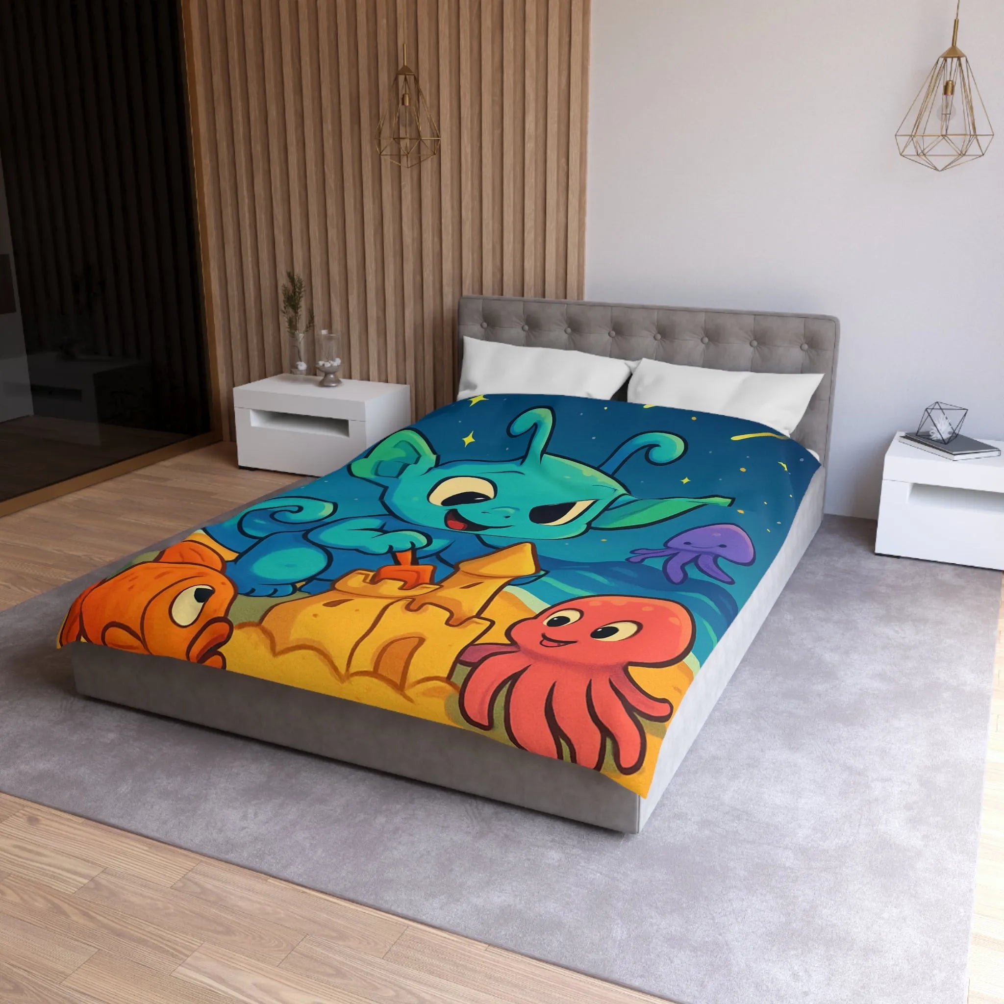 Housse de couette enfant avec créature bleue construisant un château de sable amusant