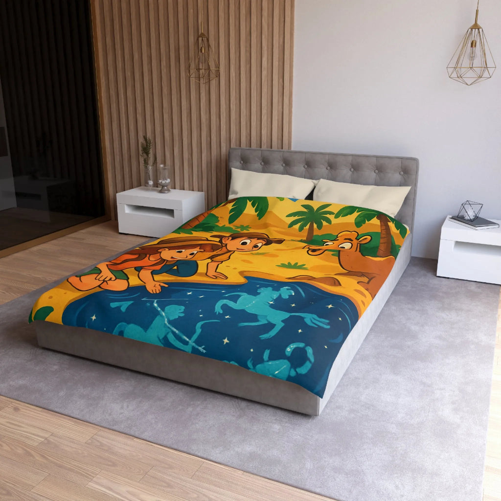 Housse de couette désert exotique enfants étoiles, animaux et aventuriers explorant oasis magique