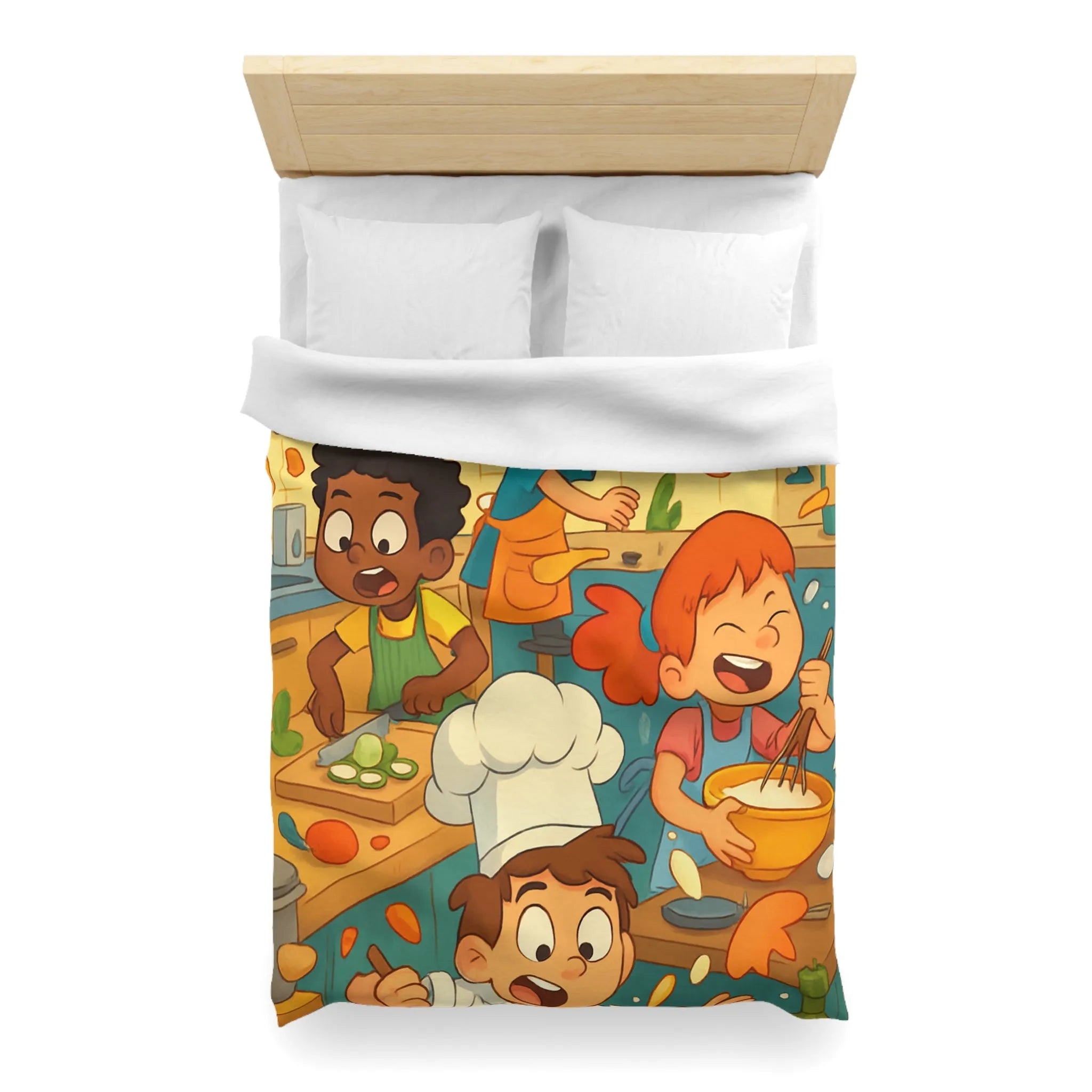 Housse de couette illustrée cuisine enfants joyeux couleurs vives spatule éclaboussures légumes