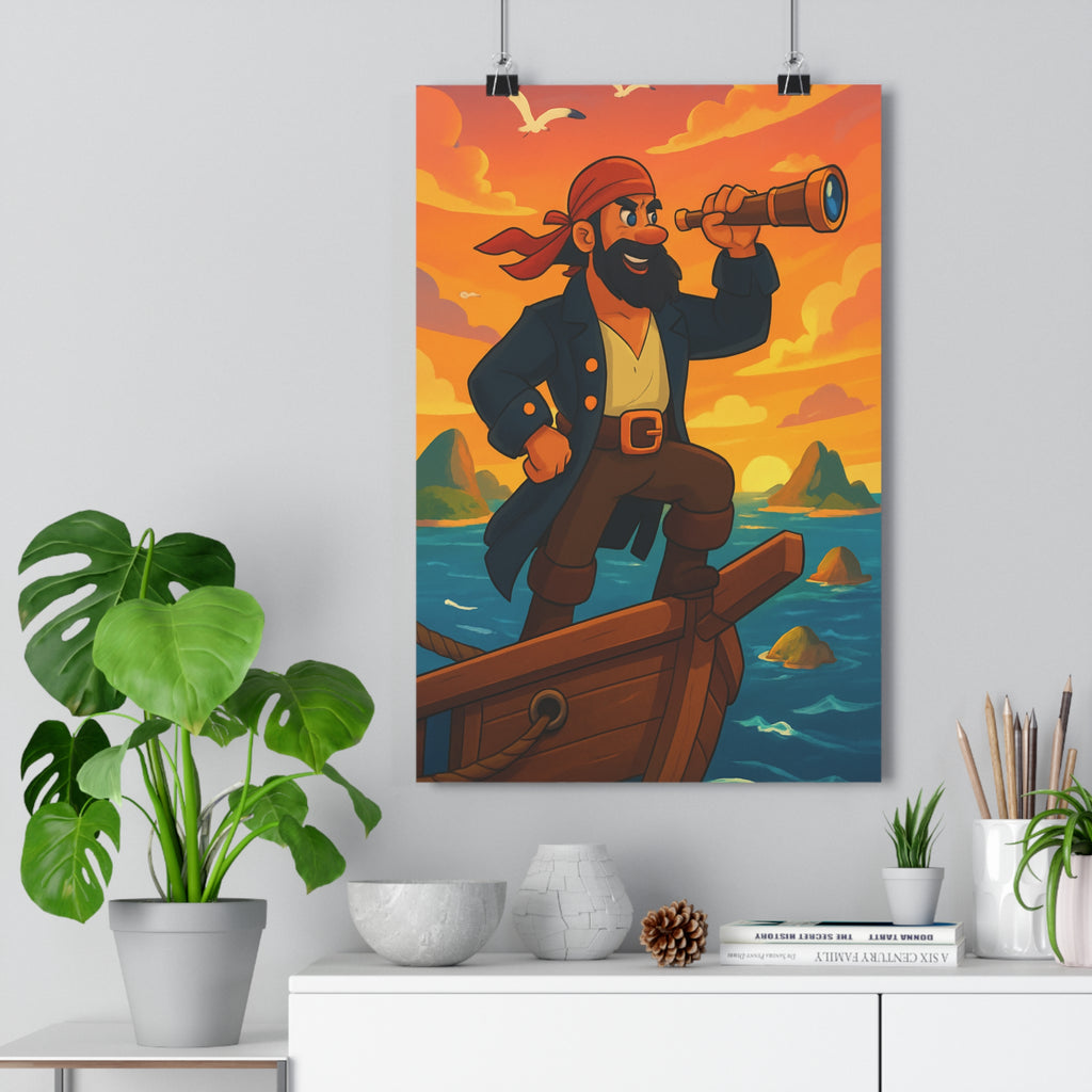Poster décoratif pirate aventure ciel coucher soleil bleu orange chambre enfant exploration navire île