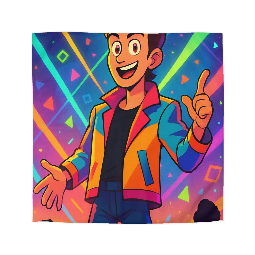 Housse de couette colorée avec personnage animé, haute énergie, motifs géométriques vibrants