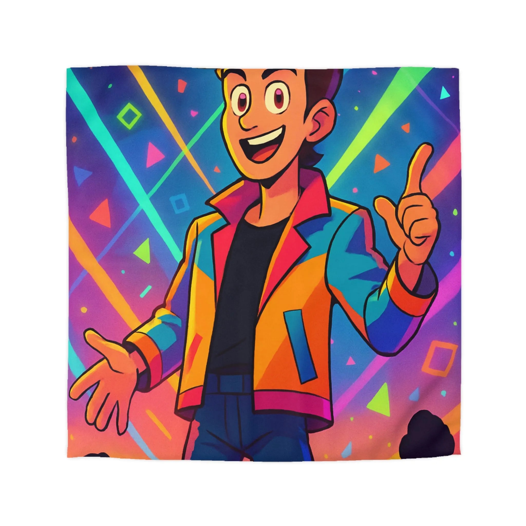 Housse de couette colorée avec personnage animé, haute énergie, motifs géométriques vibrants