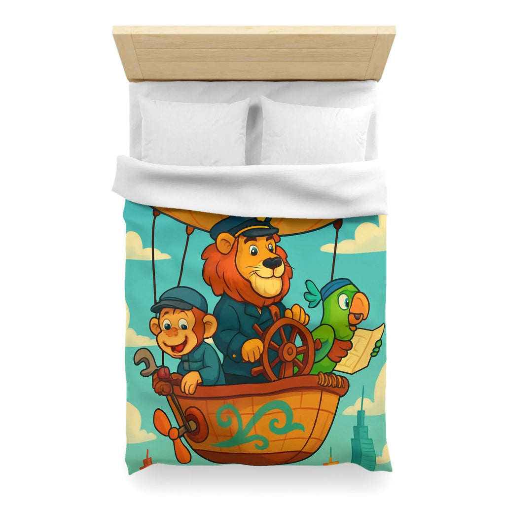 Housse de couette enfant avec montgolfière lion, singe, perroquet colorée et joyeuse
