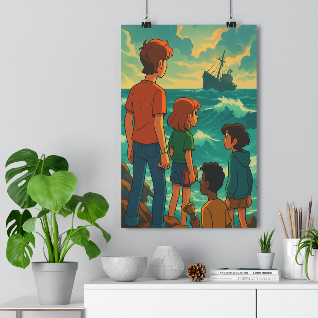 Poster décoratif cartoon aventure coucher soleil bleu orange chambre salon dynamique moderne ambiance mystérieuse