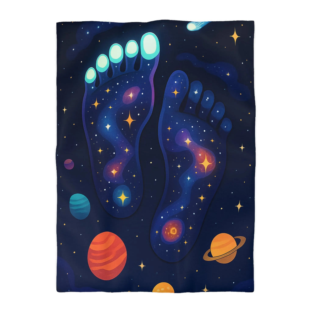 Housse de Couette Cosmos Enchanté avec Motifs de Pieds Galactiques Étincelants et Planètes