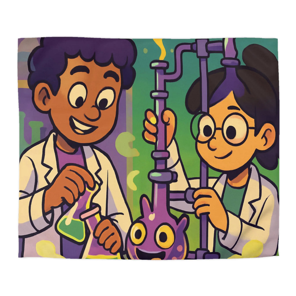 Housse de couette colorée avec deux scientifiques animés et expériences chimiques ludiques