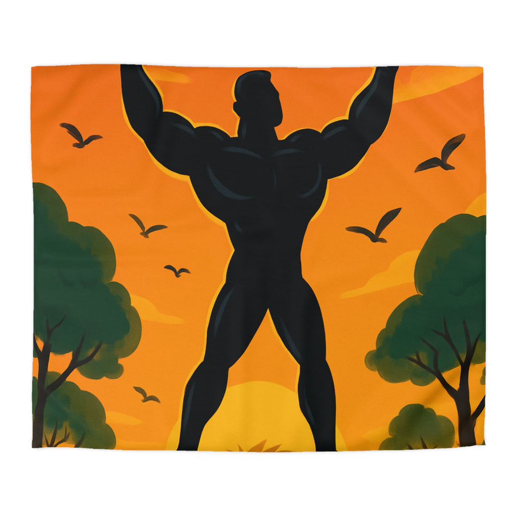 Housse de couette silhouette héros sur colline, coucher de soleil et oiseaux volants