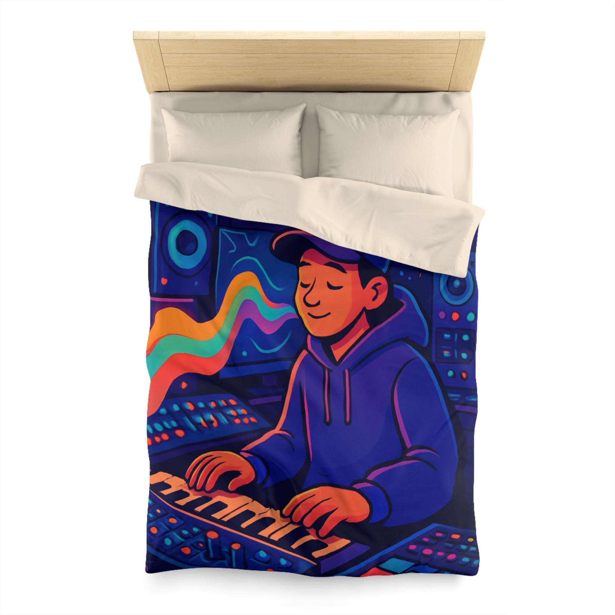 Housse de couette vibrante avec musicien dans un studio coloré et moderne