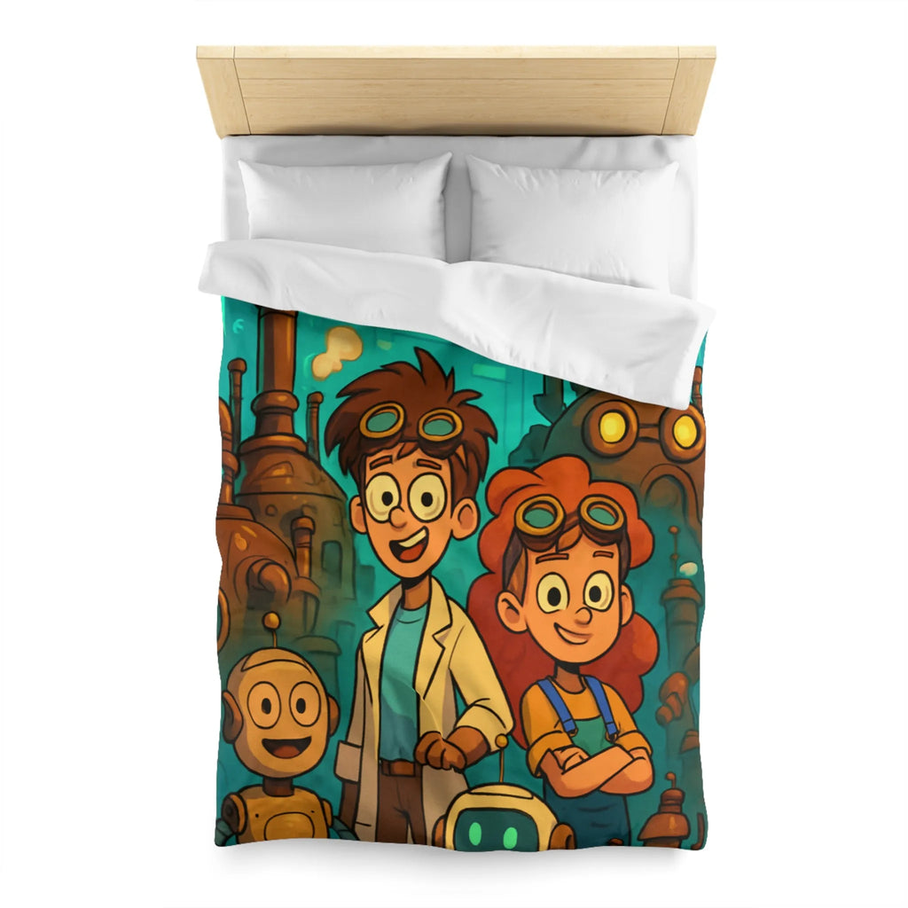 Exploration robotique en atelier steampunk coloré avec jeunes inventeurs et machines futuristes