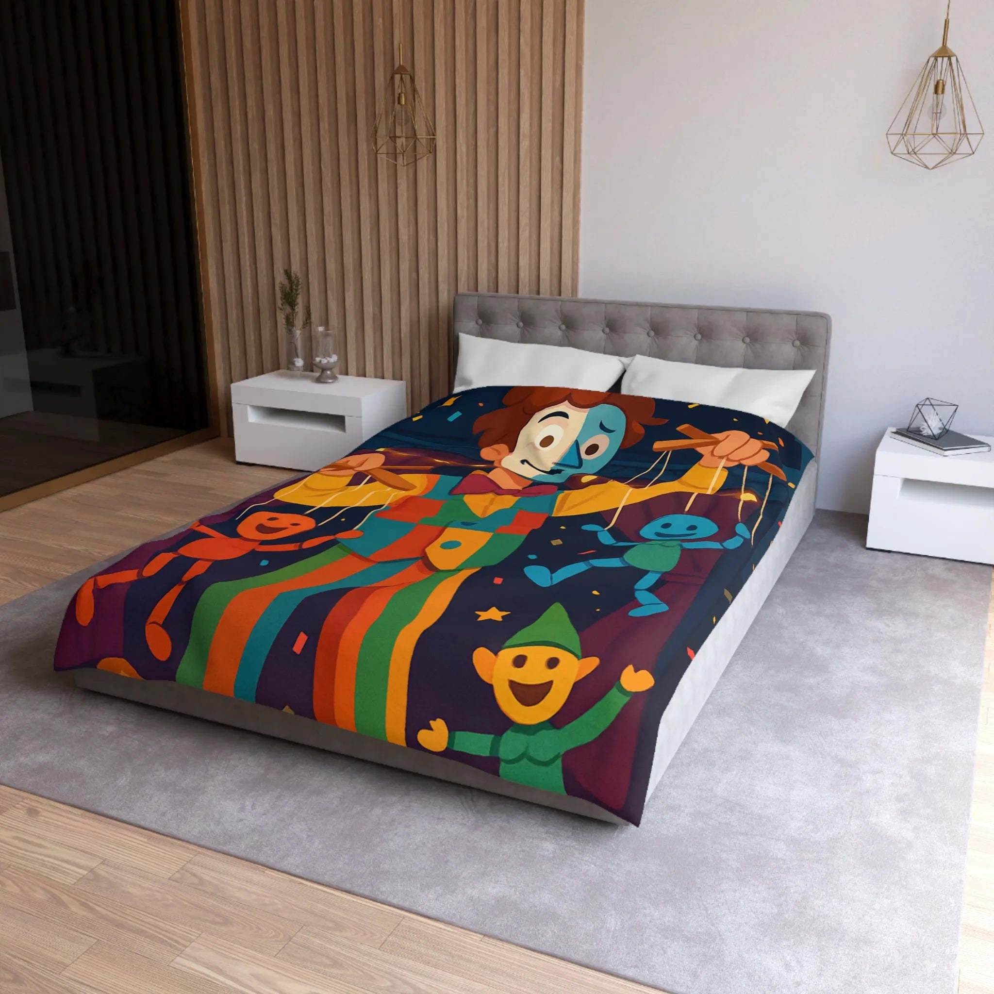 Housse de couette marionnettiste coloré avec motifs joyeux pour chambre d'enfant festive