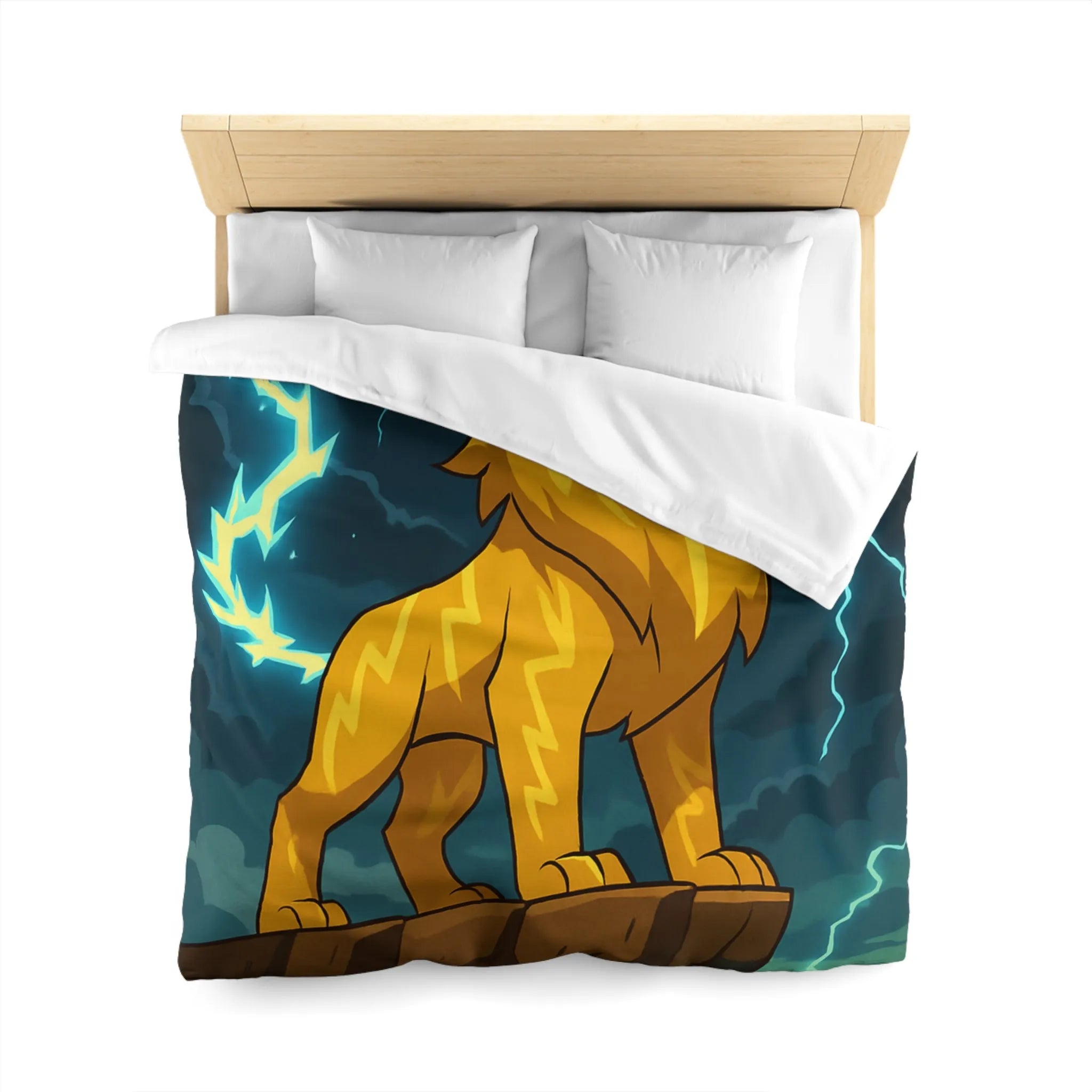 Housse de couette lion éclair lumineux, style animé, ambiance puissante, couleurs vibrantes