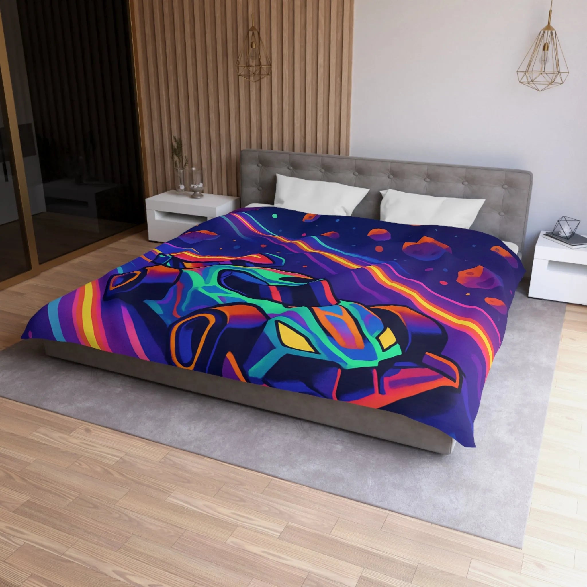 Éblouissante Housse de Couette avec Voiture Néon Galactique et Planètes Colorées