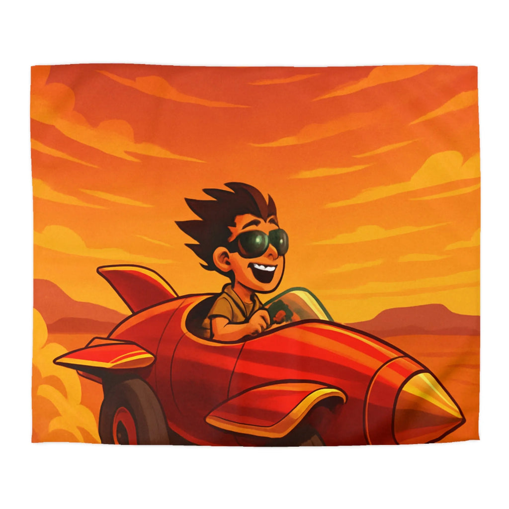 Housse de Couette Enfant Dynamique Rouge avec Avion de Course Ciel Orange