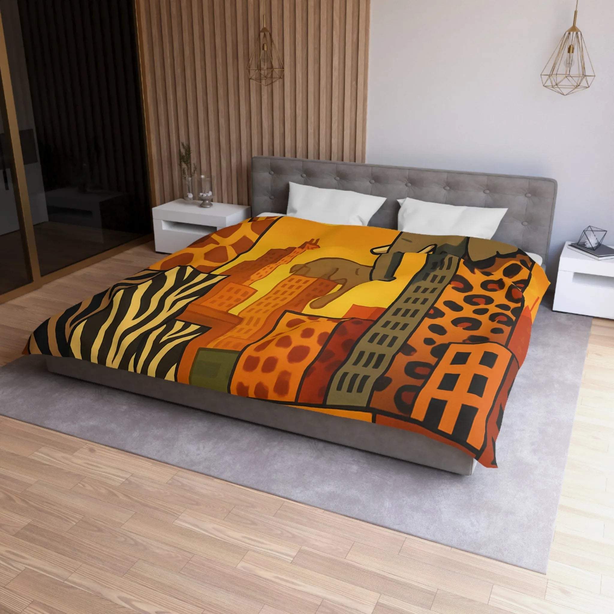 Housse de couette jungle urbaine : gratte-ciel animaux dans tons chauds, motif sauvage