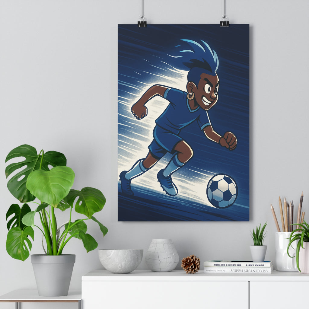 Poster décoratif anime bleu dynamique énergique sport chambre enfant football mouvement fluide vibrant moderne