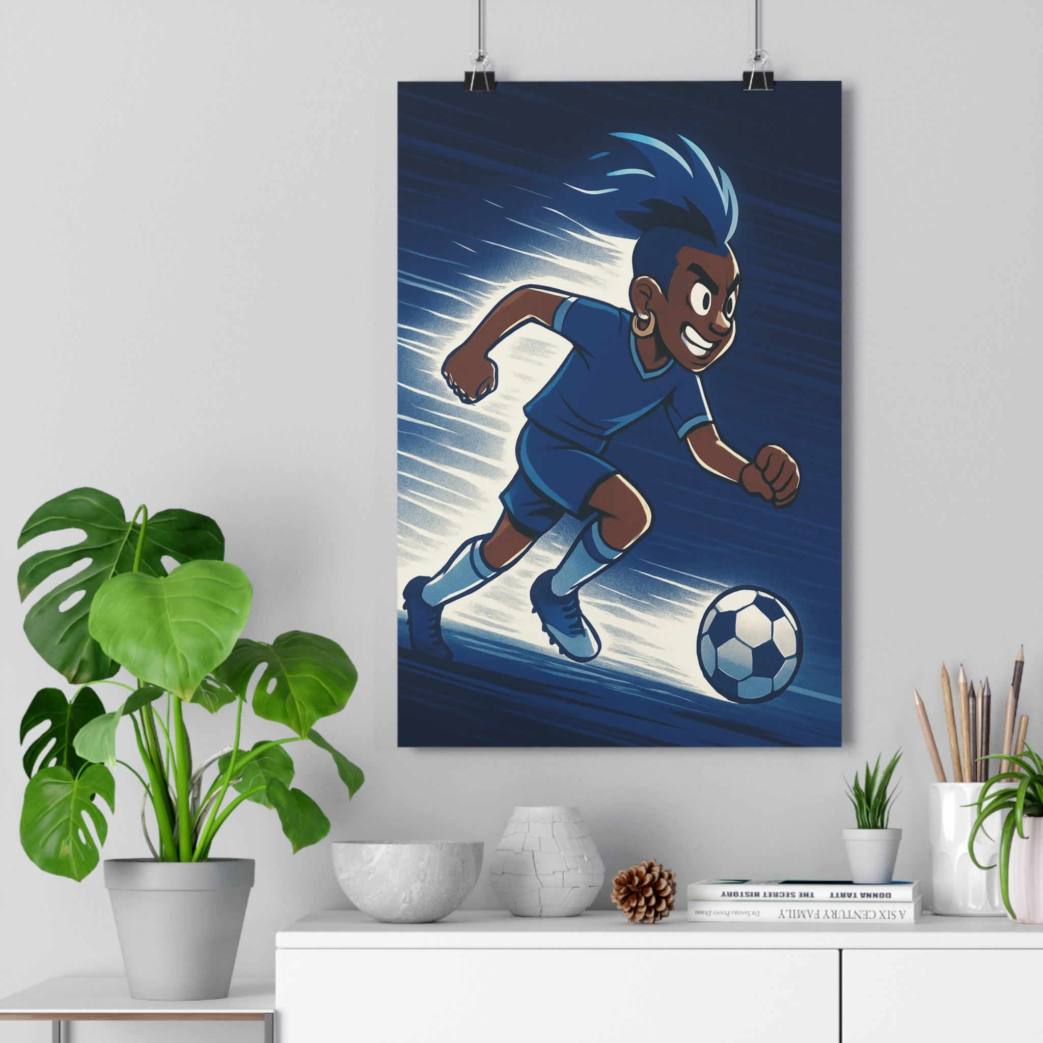 Poster décoratif anime bleu dynamique énergique sport chambre enfant football mouvement fluide vibrant moderne