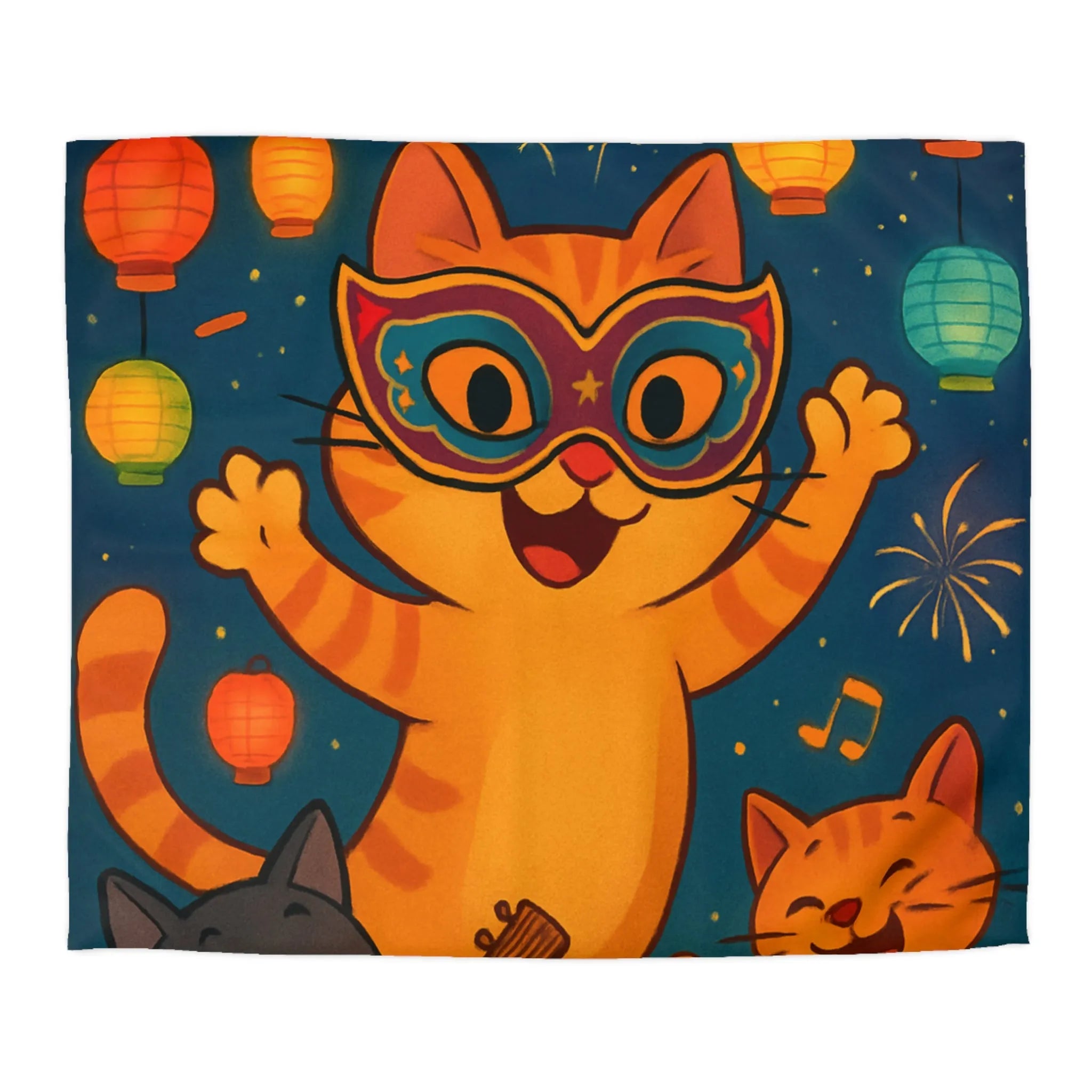 Housse de couette festive avec chats joyeux, feux d'artifice et lanternes colorées