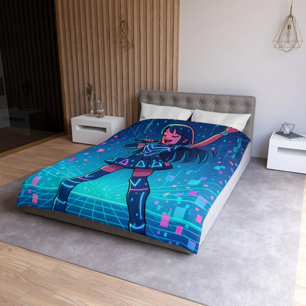 Housse de Couette Fille Chanteuse Néon Style Futuriste Graphiques Lumineux Bleu Rose
