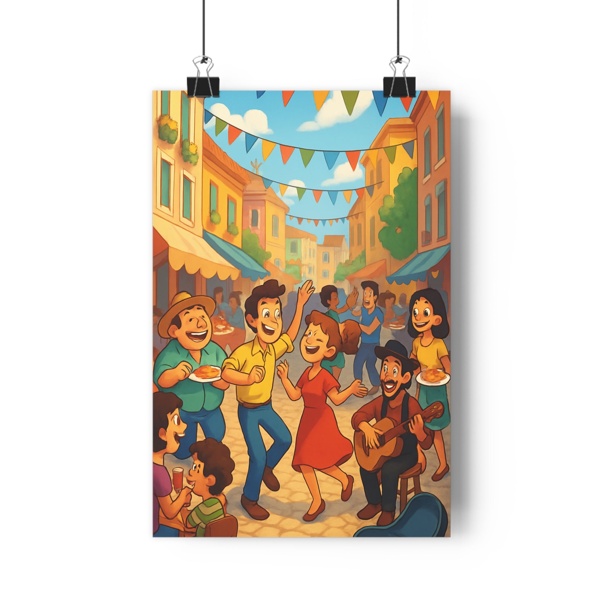 Poster décoratif cartoon vibrant joyeux marseille couleurs chaudes salon chambre convivial festif scène fanions