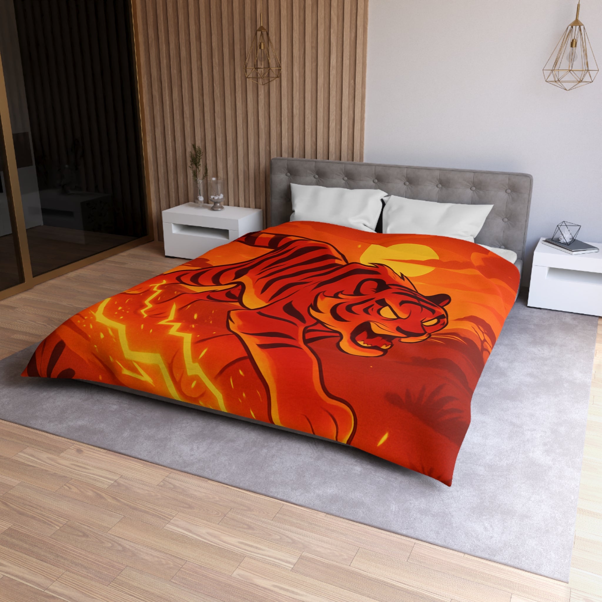Housse de couette tigre dynamique avec coucher de soleil flamboyant en arrière-plan vibrant