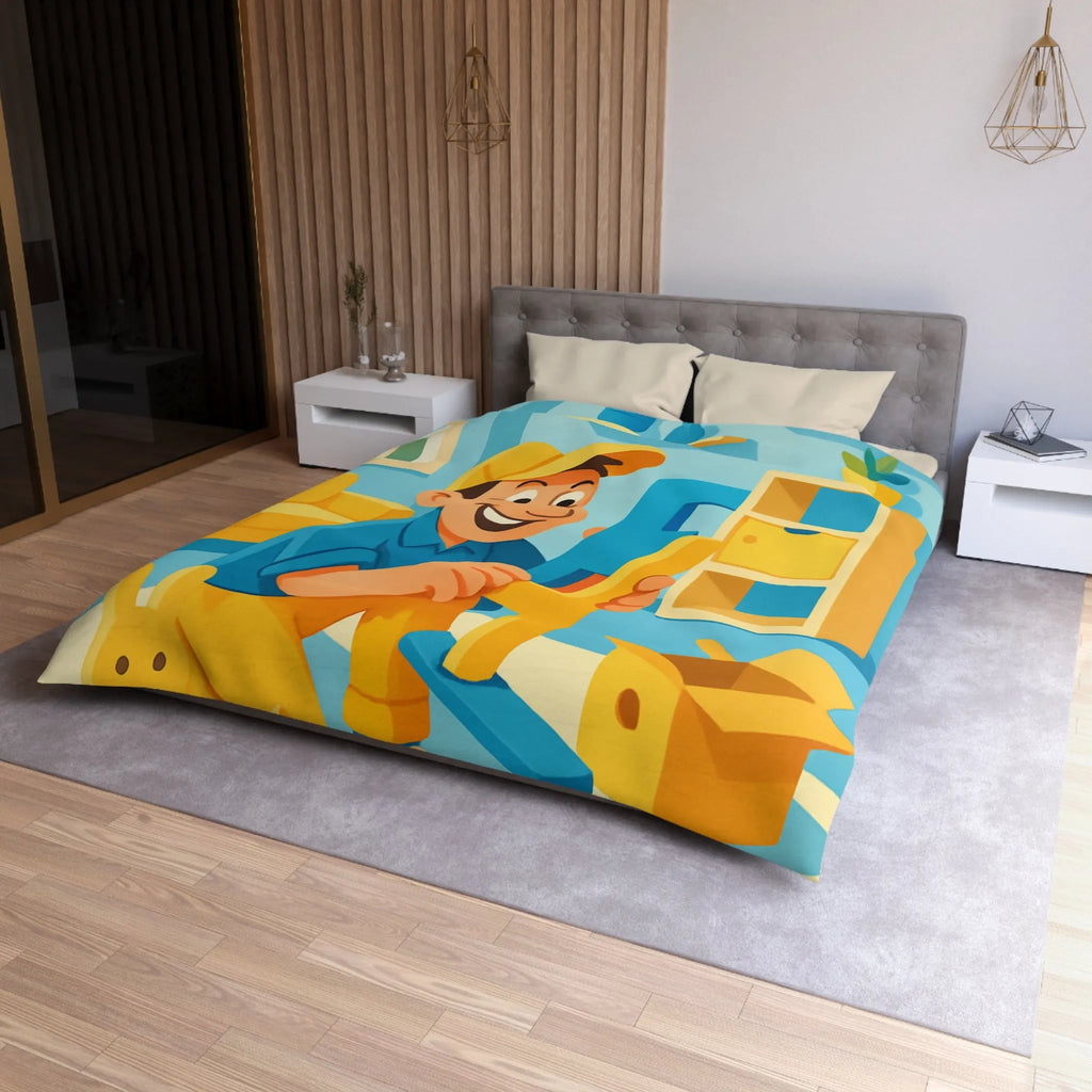 Housse de couette colorée avec personnage joyeux assemblant des jouets dans une pièce ensoleillée